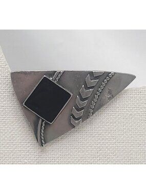 Vintage JJ 1988 Silver-Tone Brooch With Black Enamel Modernist Geometric Jonnett